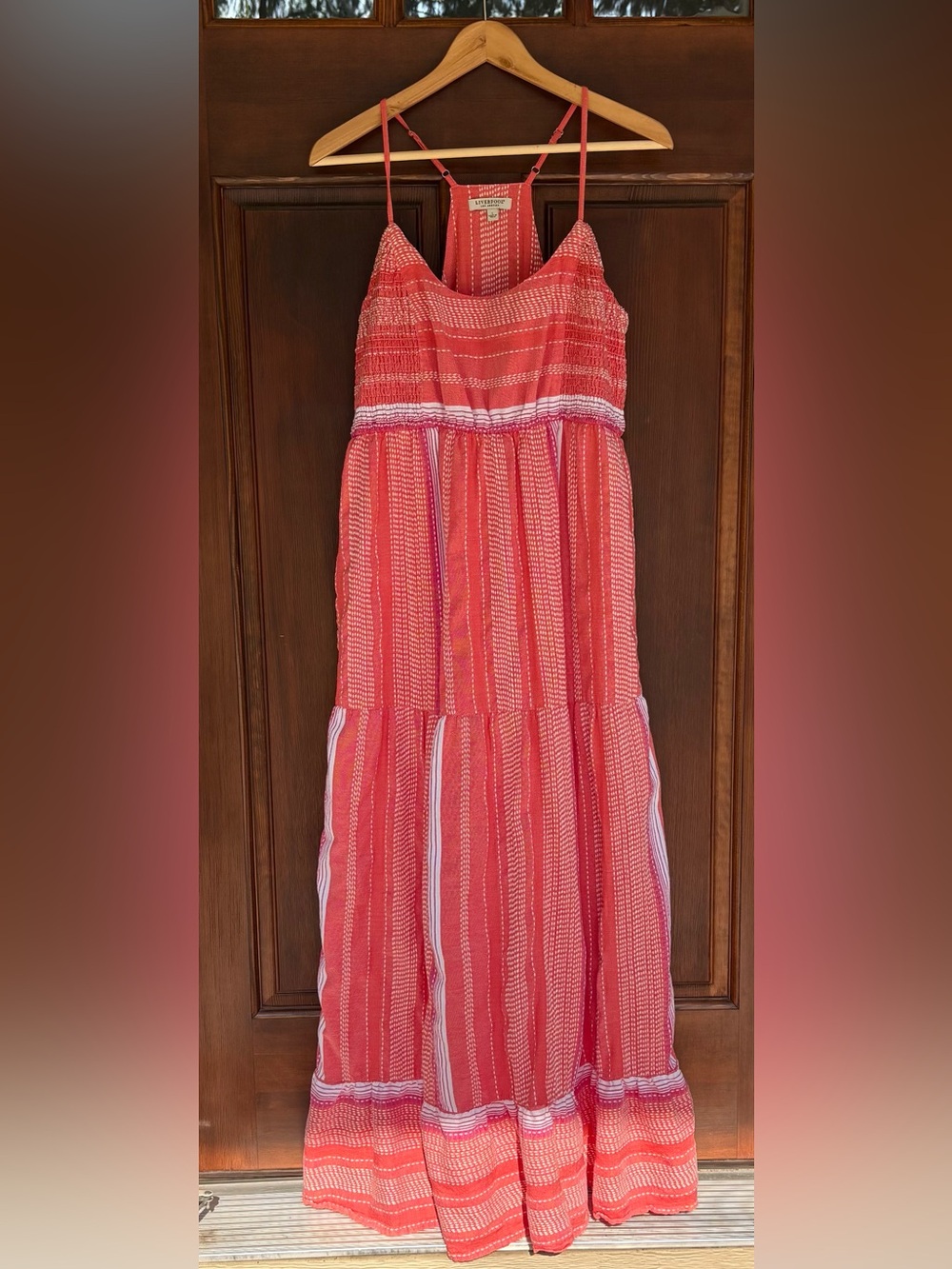 Women’s Coral-Pink Striped Maxi Dress with Smocked Bodice